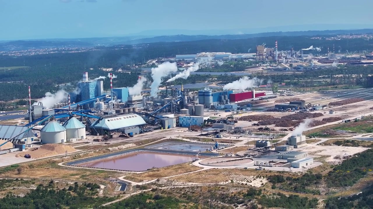 Industrial pulp and paper mill processing eucalyptus for cellulose production. The complex also functions as a bioenergy facility