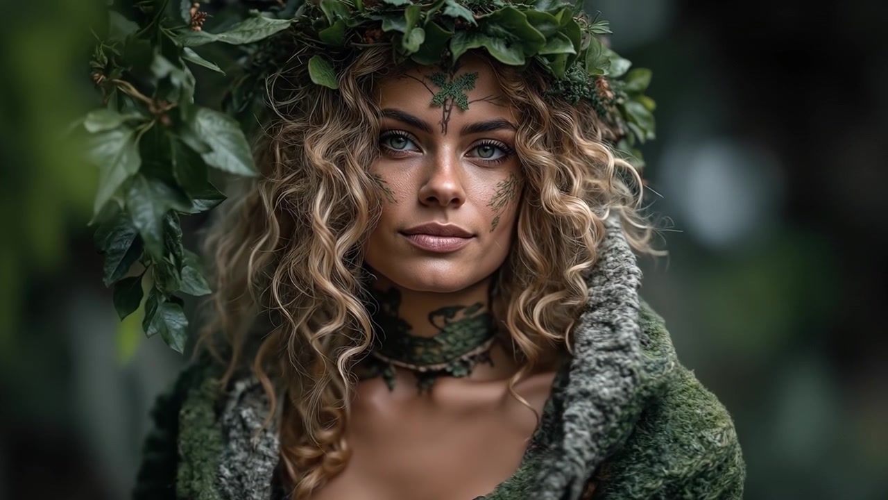 Ritratto di una bella donna con capelli ricci che indossa una corona di foglie in una lussureggiante foresta verde.