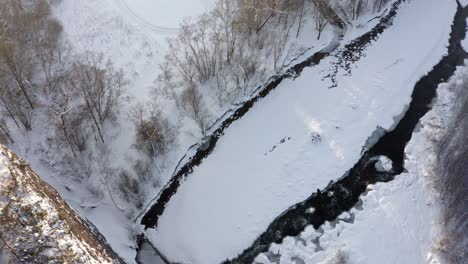 frozen bialka river and snowy forest in poland