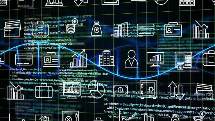 Animasjon av databehandlings- og analyseikoner over rutenett med programmeringskode