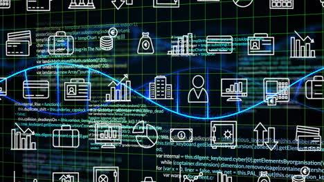 data processing and analytics icons animation over grid with programming code