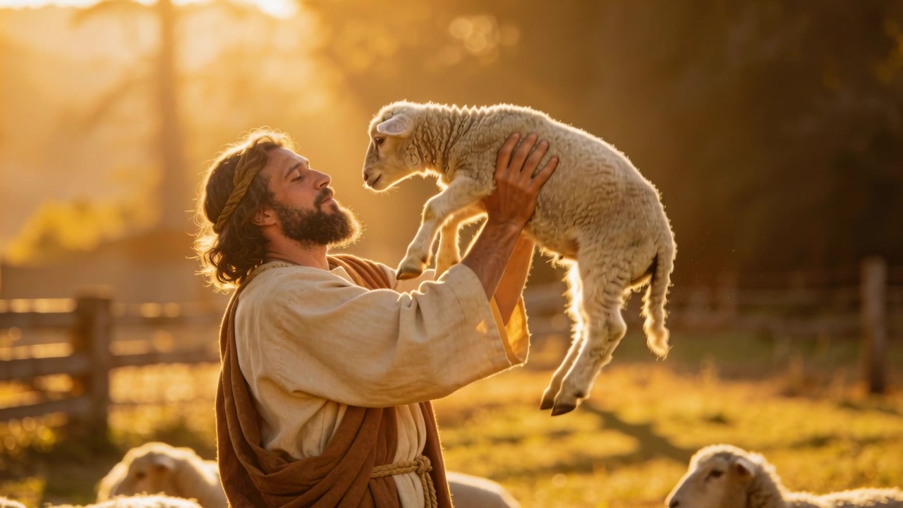 Uomo barbuto in veste che tiene in braccio un agnello, sollevandolo al petto per confortarlo in un pascolo illuminato dal sole, con pecore.