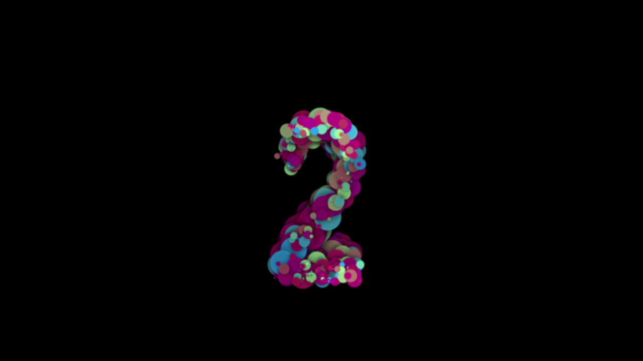 Colorful particle bubbles forming number two on transparent background