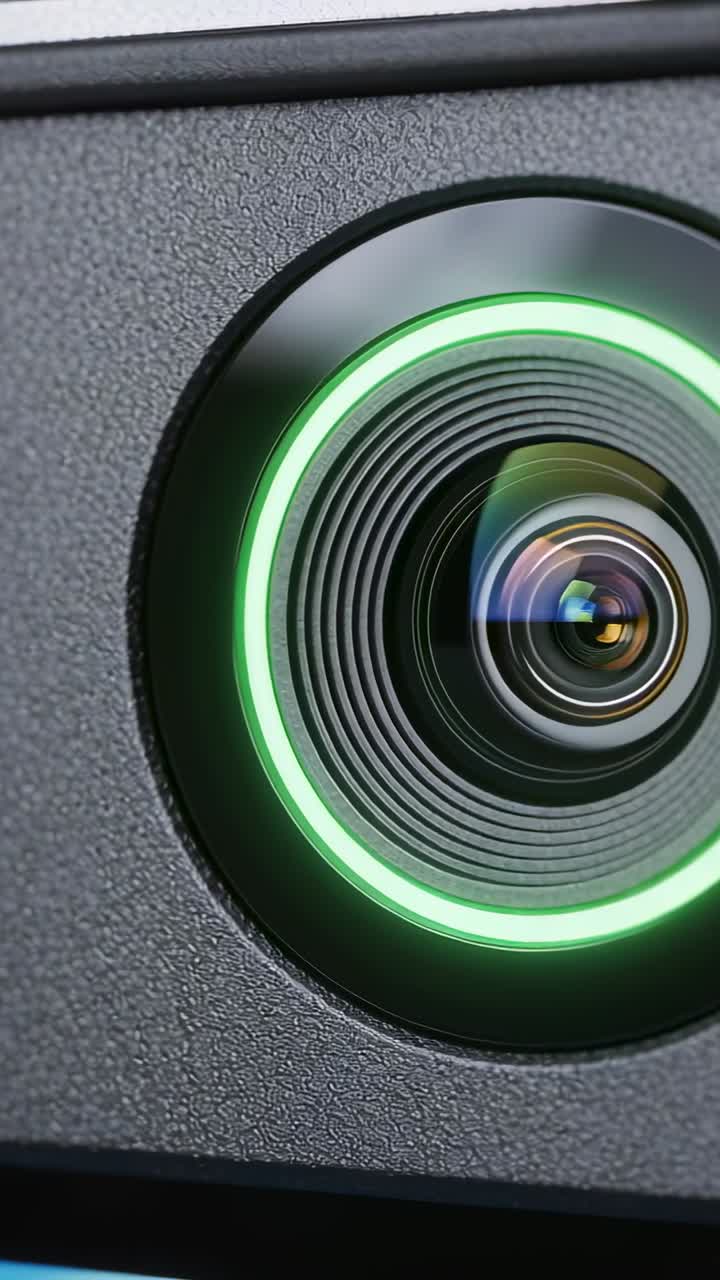 Video verticale: Inquadratura che si sposta centrando una lente rotonda sulla ghiera, mostrando un anello LED verde per un primo piano.