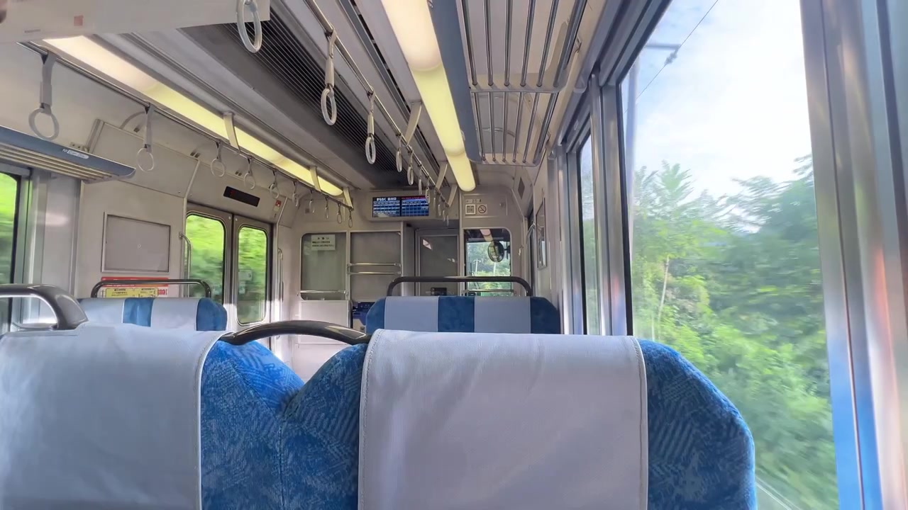 Interno di un tipico treno locale giapponese senza persone.