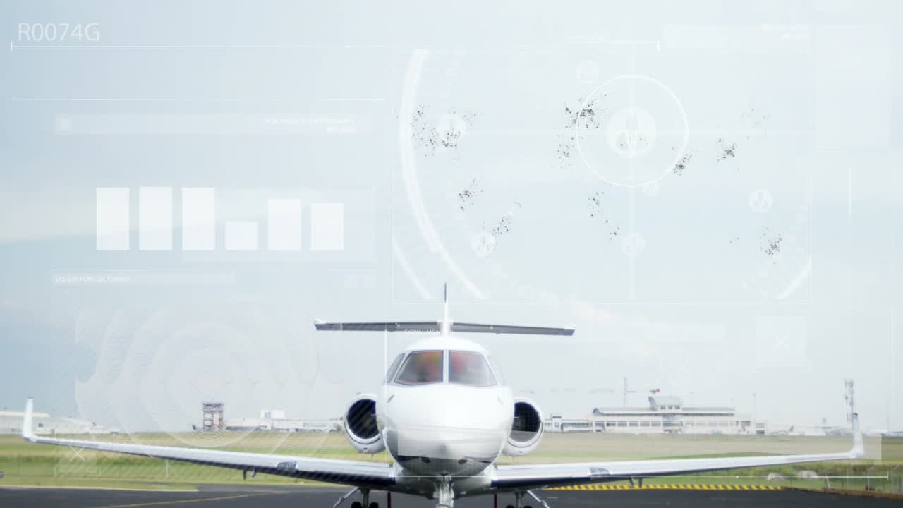 On runway, animation overlaying digital data around white jet with airport backdrop
