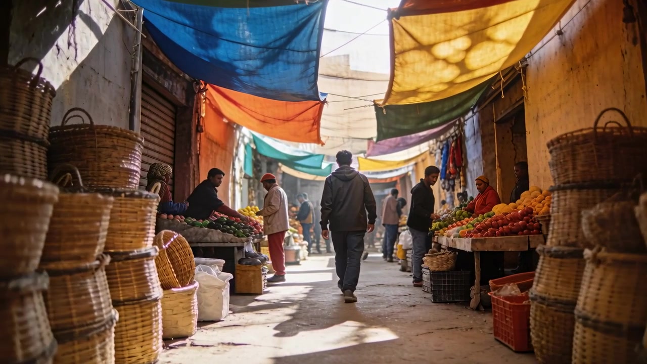 Stepping into pass, man in hoodie walking down market alley to exit, passing wicker baskets, fruit