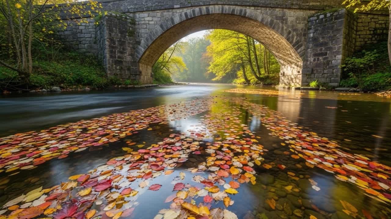 Autumn Serenity: A Scenic View of a Tranquil River Under an Elegant Arch Bridge Surrounded by Vibrant Fall Foliage Reflected in the Calm Waters