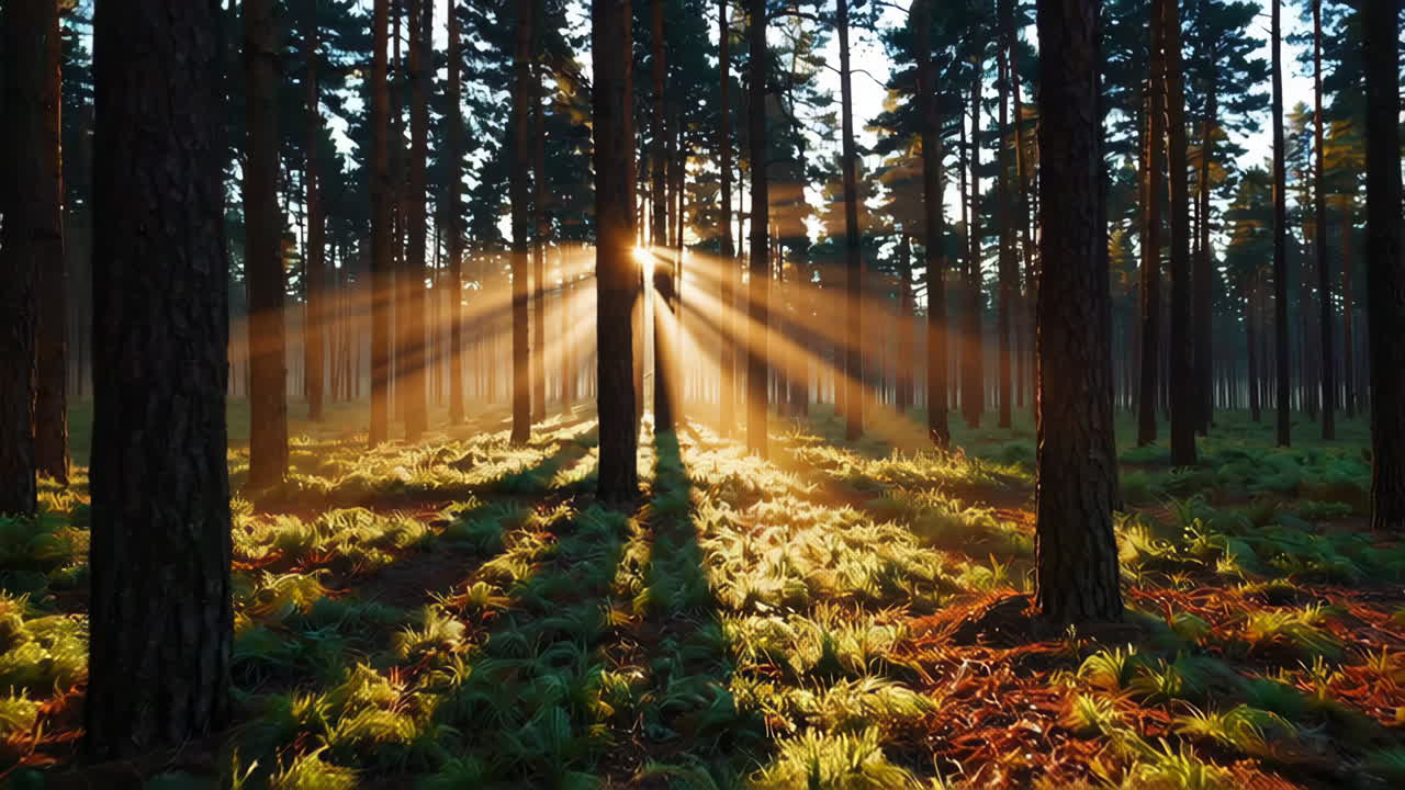 la luz del sol filtrándose a través de un bosque de pinos