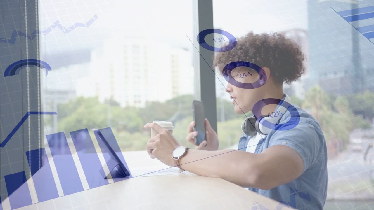 Man at counter glancing phone and tablet while calling, causing business data overlays for work