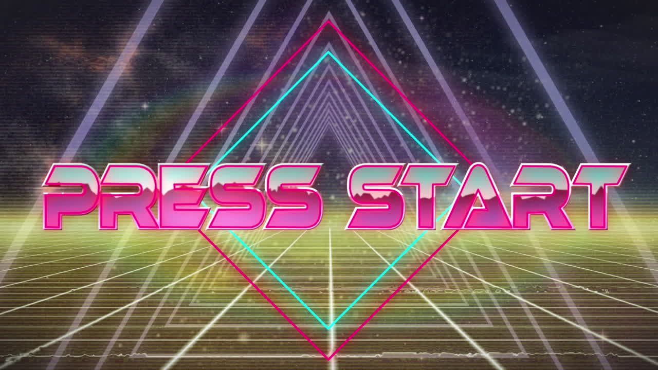 animación del texto de inicio de la prensa sobre el fondo del metaverso de neón