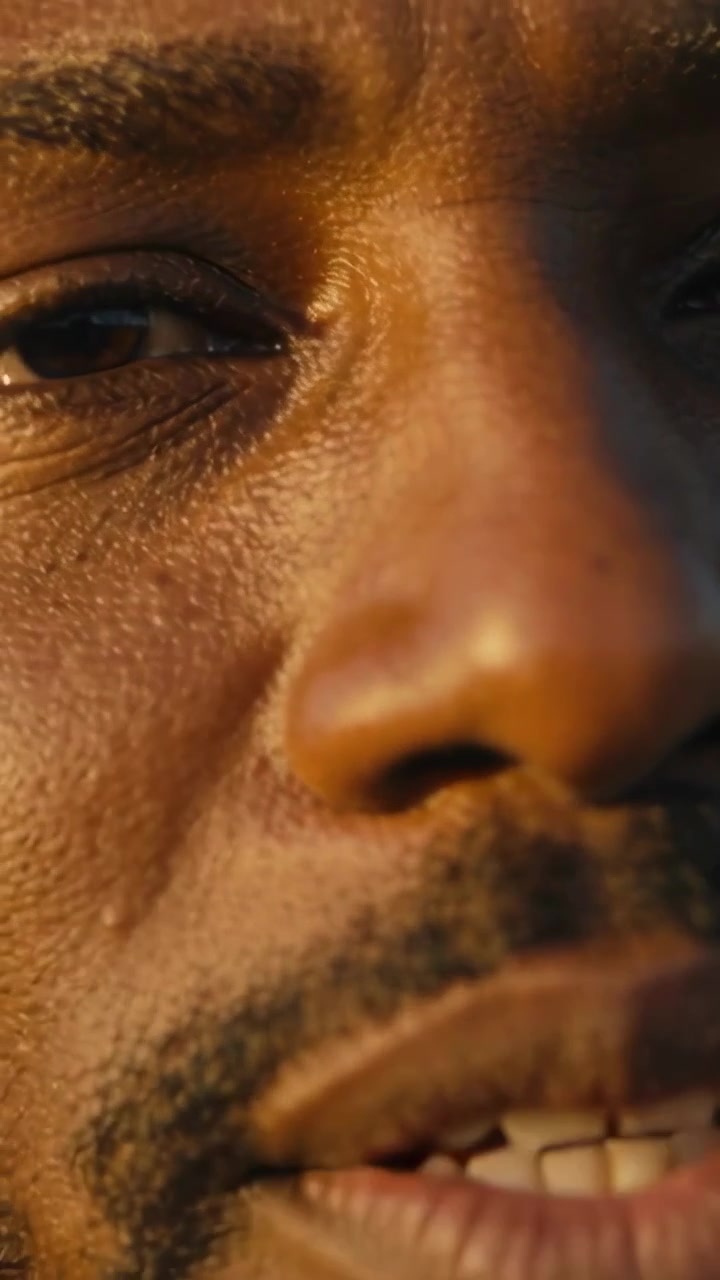 Vertical video: Squinting adult male reacting to bright sun while speaking at sunset, showing mole
