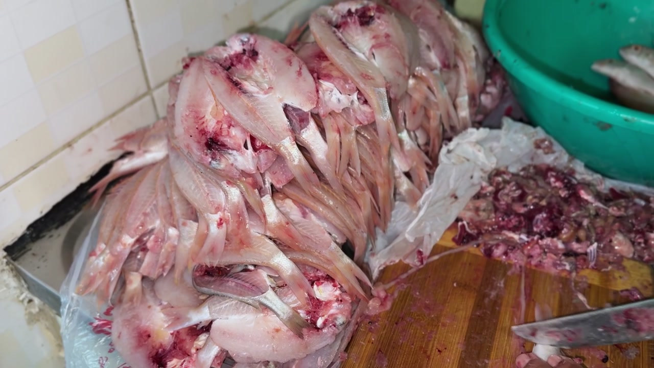 Immagine di una grande pila di pesce crudo appena sventrato e pulito, impilato su un telo di plastica. Il disordinato bancone della cucina interna presenta un tagliere di legno coperto di interiora di pesce insanguinate e un coltello.