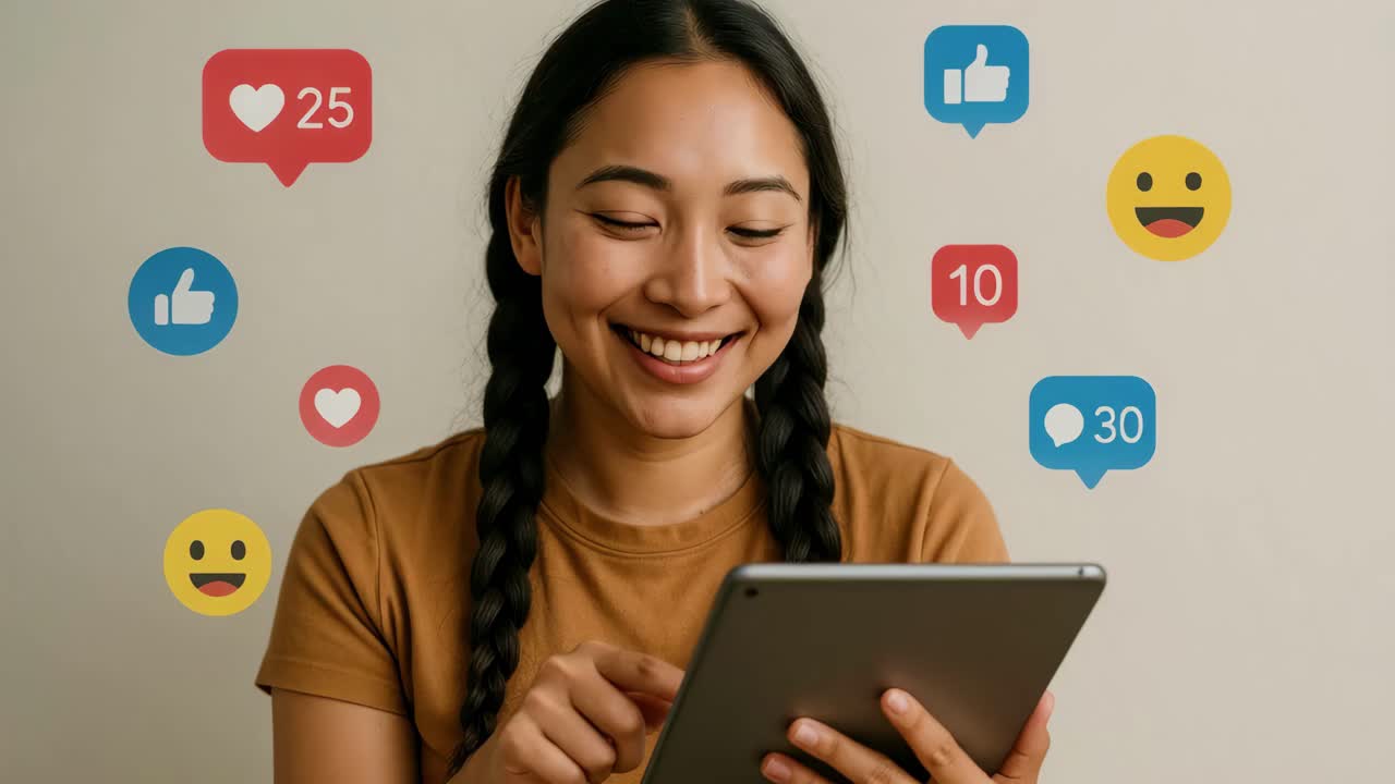 A cheerful woman interacts with a tablet, surrounded by social media icons