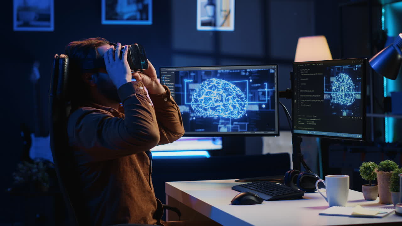 desarrollador con auriculares vr en pánico después de que la mente de ai obtenga sensibilidad