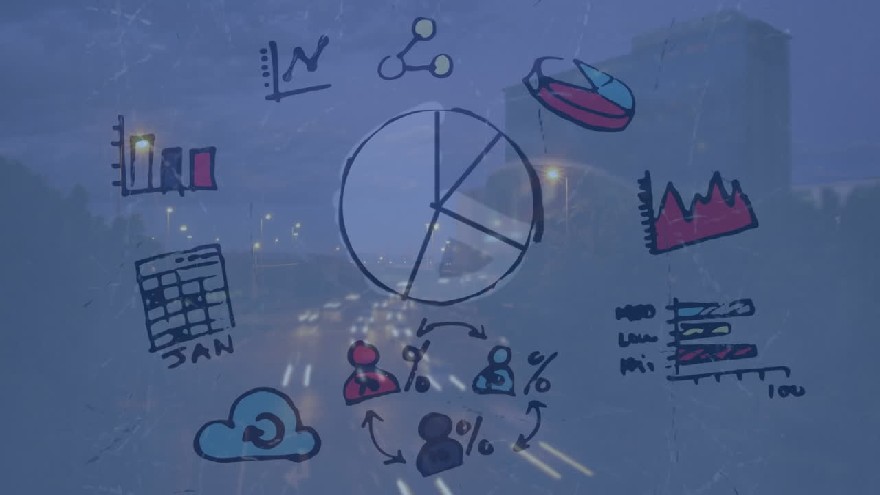 도시 풍경 위의 아이콘의 애니메이션