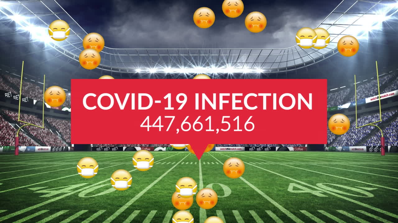 animación de datos de covid y emojis con máscaras que caen en un estadio deportivo