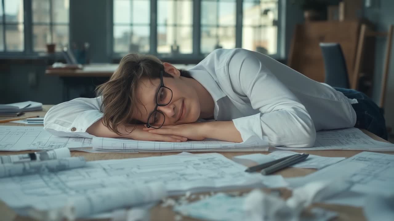 Opening shot showing architect leaning at table, shifting gaze over blueprints while resuming work