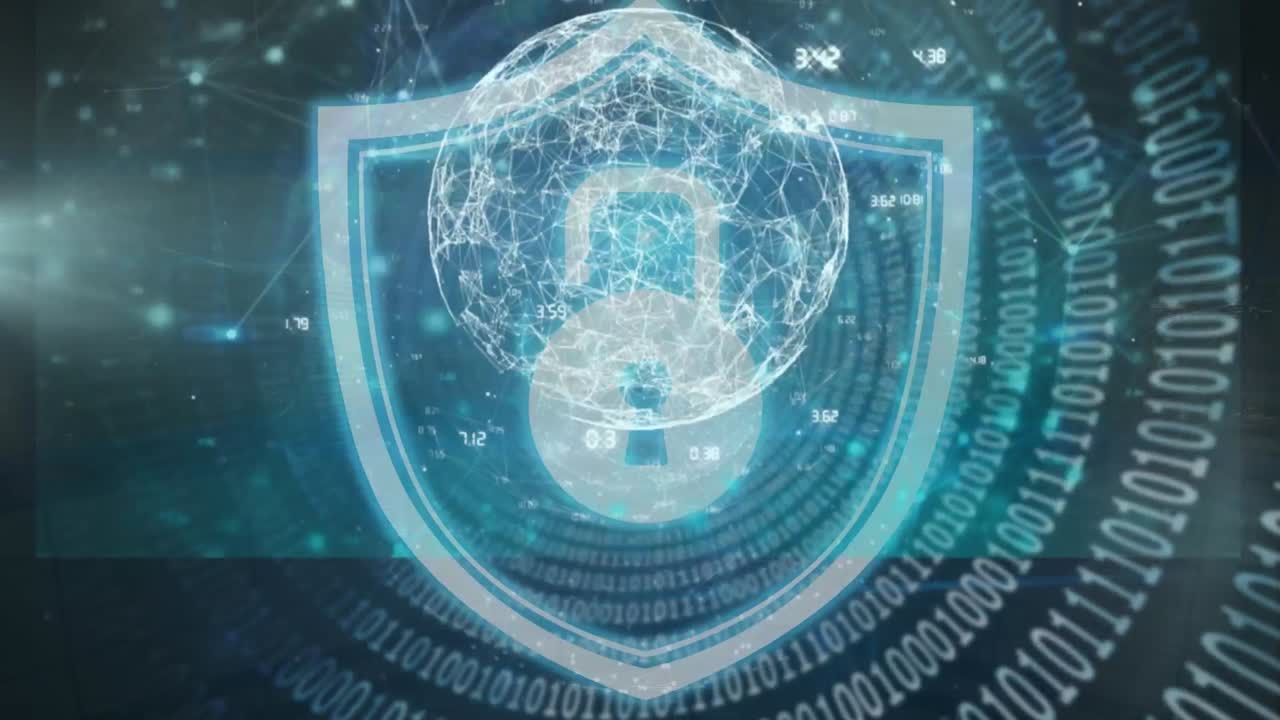 Animation of screens with diverse data over digital shield with padlock