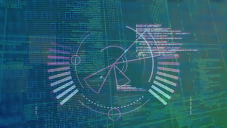 Animation-of-round-scanner,-data-processing-and-binary-coding-against-green-background