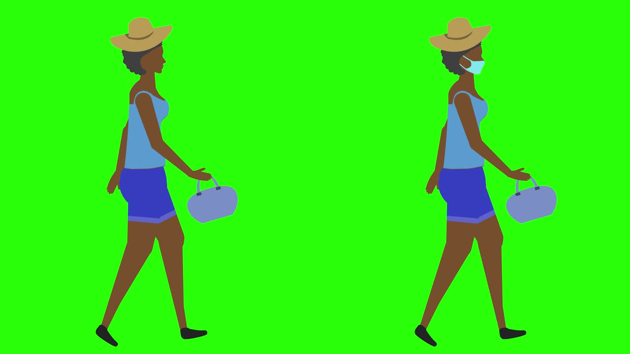 Women walking cycle seamless loop , face mask version, green screen chroma key animation, flat design