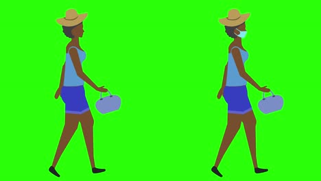 women walking cycle seamless loop , face mask version, green screen chroma key animation, flat design