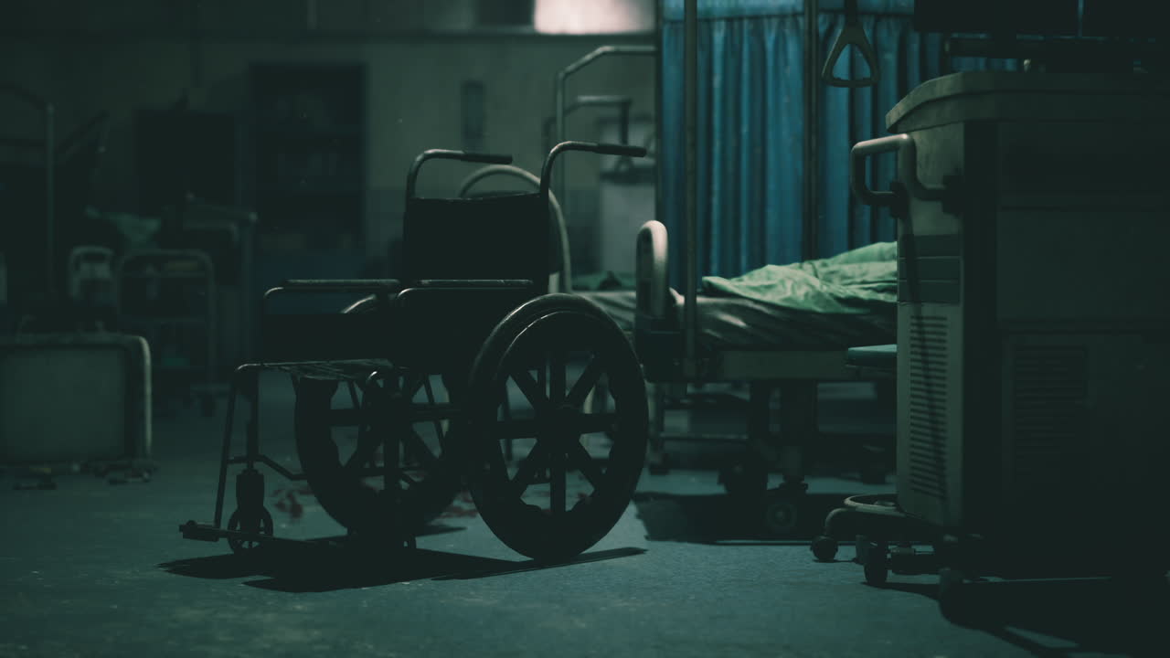 Abandoned hospital room with an empty wheelchair in dim lighting at night