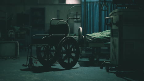 abandoned hospital room with an empty wheelchair in dim lighting at night