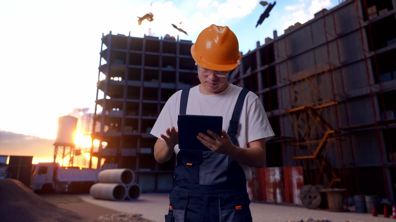 trabajador asiático usando una tableta en el sitio de construcción