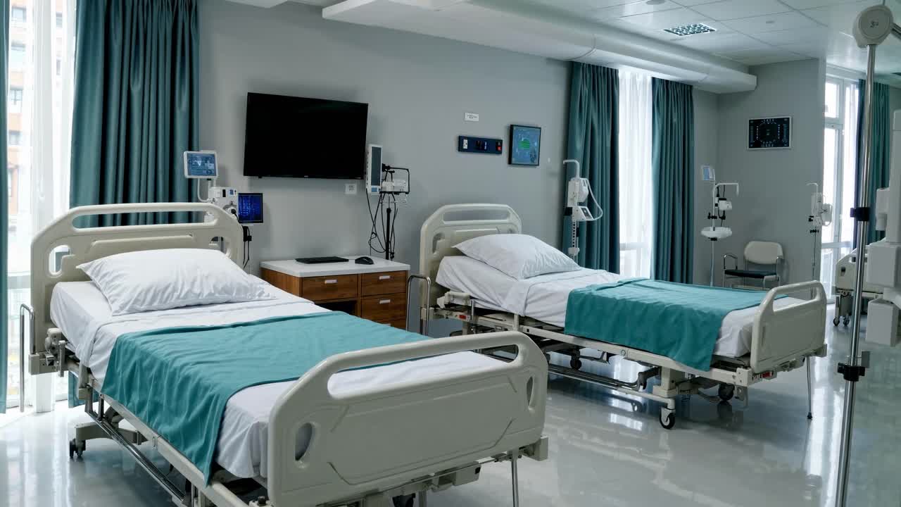 Wide-angle shot of a modern hospital room with two beds, teal accents, and medical equipment