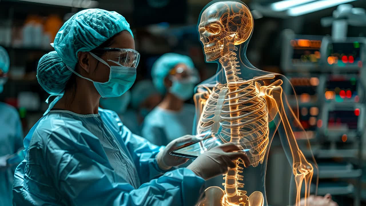 La tecnologia aiuta le équipe chirurgiche. Il personale medico lavora con un modello digitale di scheletro in una sala operatoria avanzata durante una sessione di addestramento