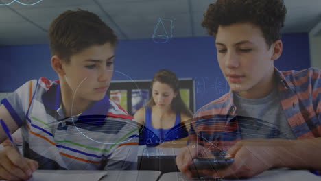 animación de procesamiento de datos matemáticos sobre escolares caucásicos con teléfono inteligente