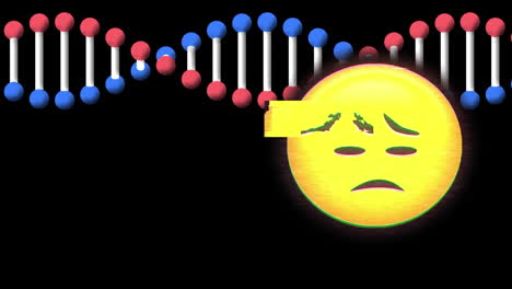 animation of social media sad emoji icon over dna strand and black background