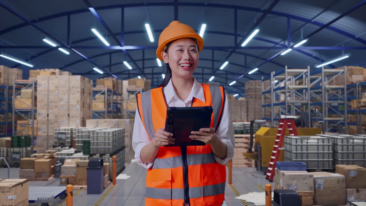 Ingegnere asiatica con casco di sicurezza che guarda il tablet che ha in mano e si guarda intorno mentre è in piedi in un ampio magazzino con scaffalature
