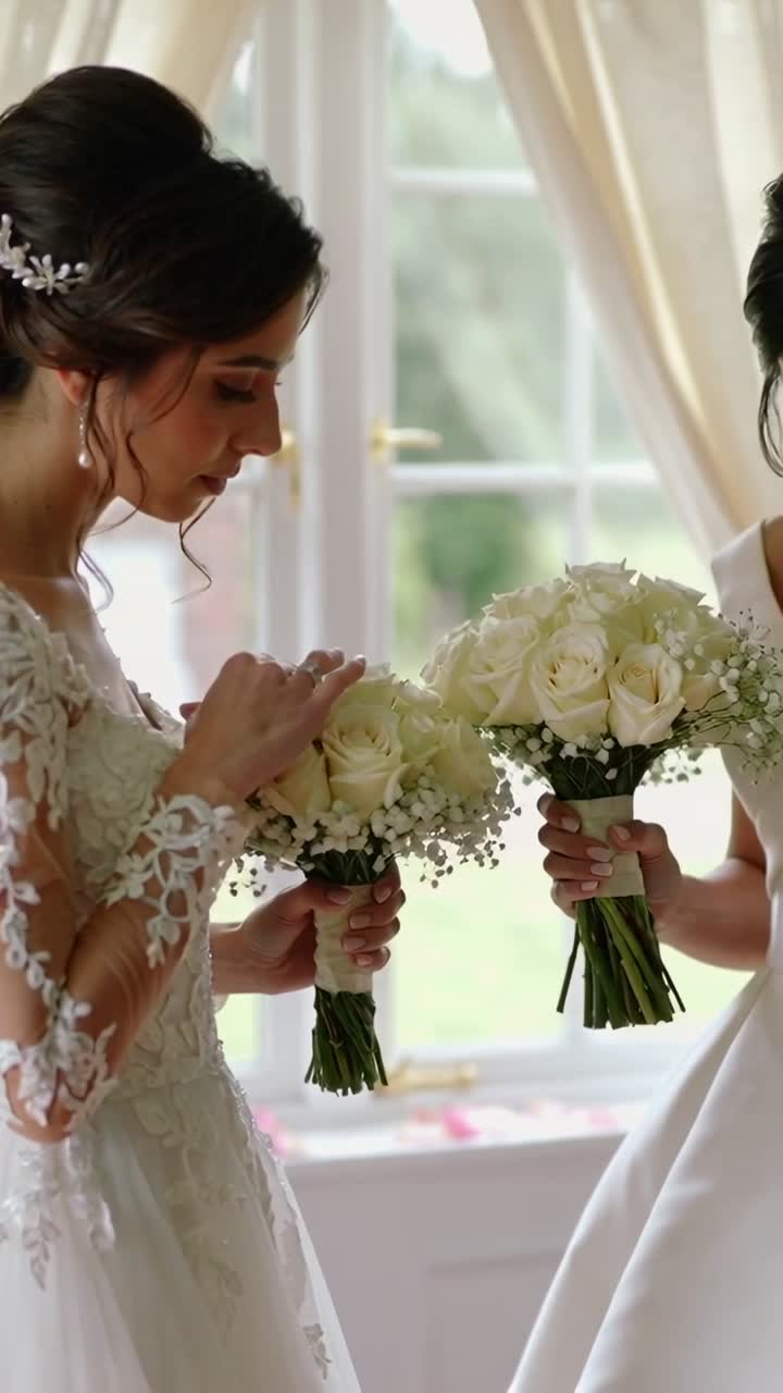 Vertical video: Taking bouquet, bride preparing white roses in lace gown at prep room, copy space