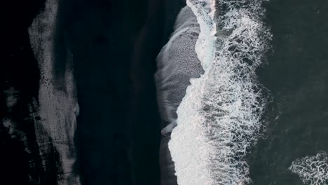 foamy waves over black sand beach in vik, iceland - aerial top down