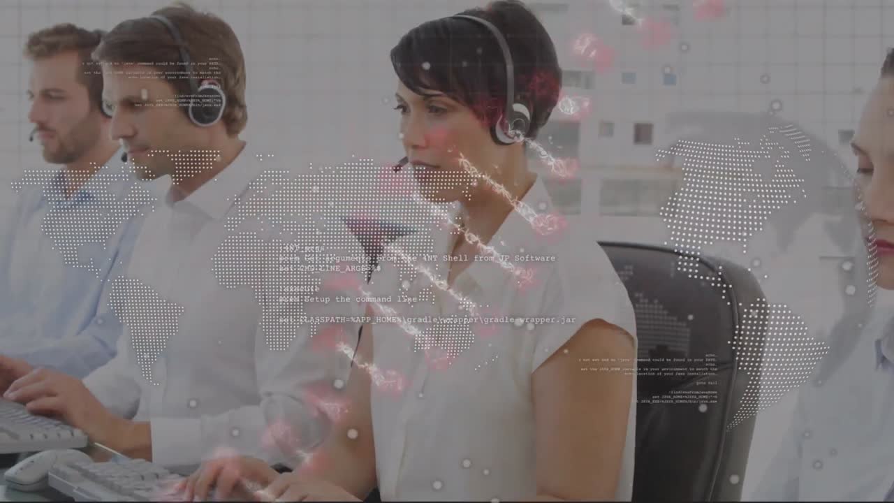 데이터 처리 및 dna 스트랜드의 애니메이션 - 전화 헤드을 사용하는 다양한 비즈니스 사람들