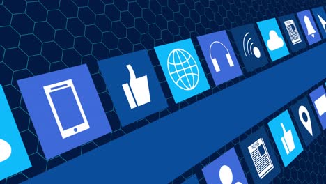 animación de iconos digitales en línea y rayas azules que se mueven sobre hexágonos sobre fondo azul oscuro