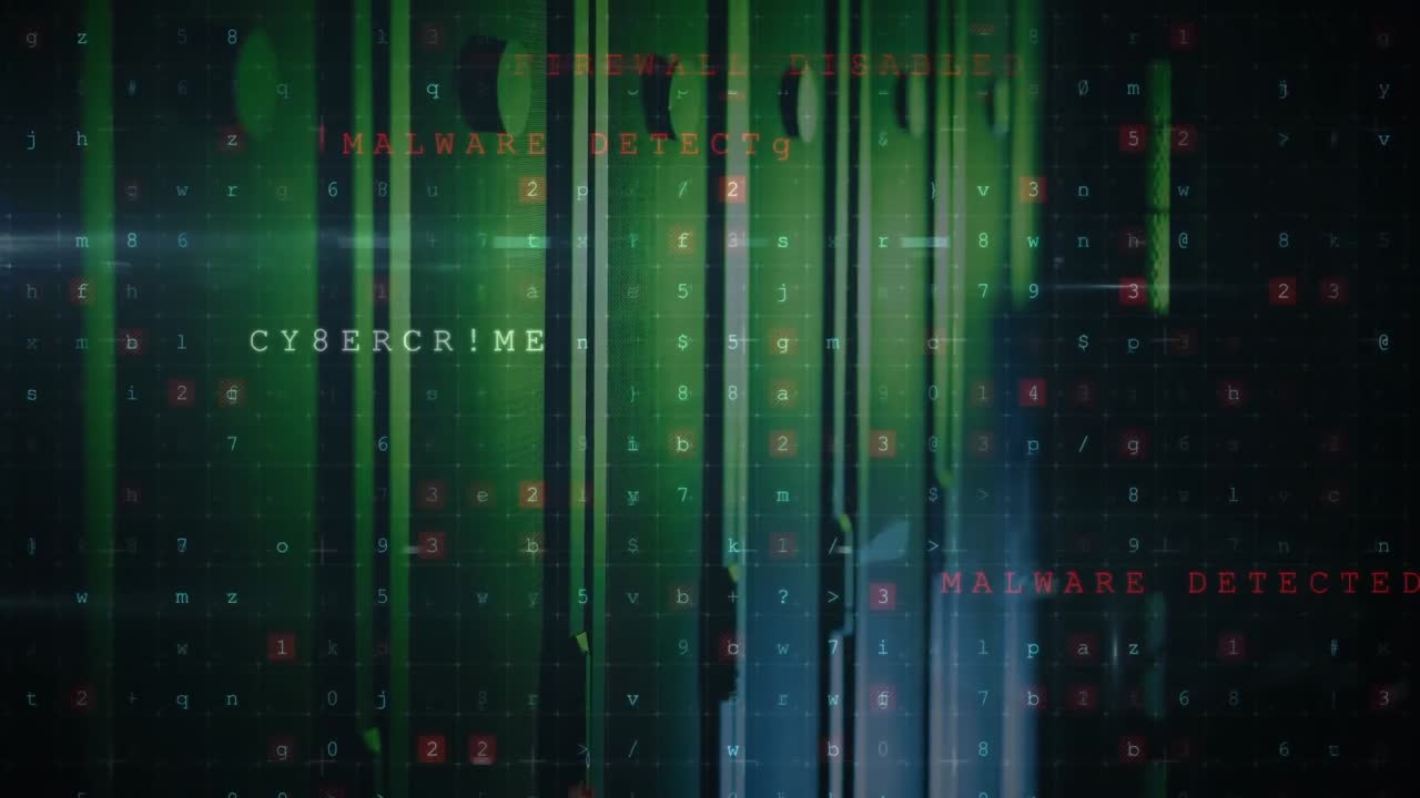 Animation of cyber security data processing and light spot against computer server room