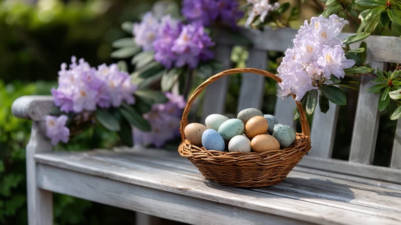 A Beautiful Basket of Painted Eggs Placed on a Wooden Bench Surrounded by Colorful Flowers in a Serene Outdoor Garden Setting