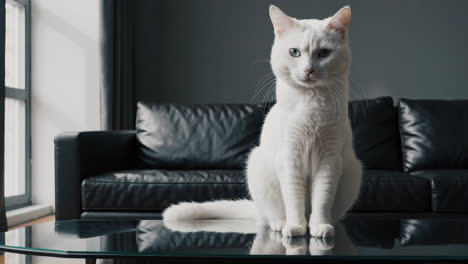 white cat on glass coffee table