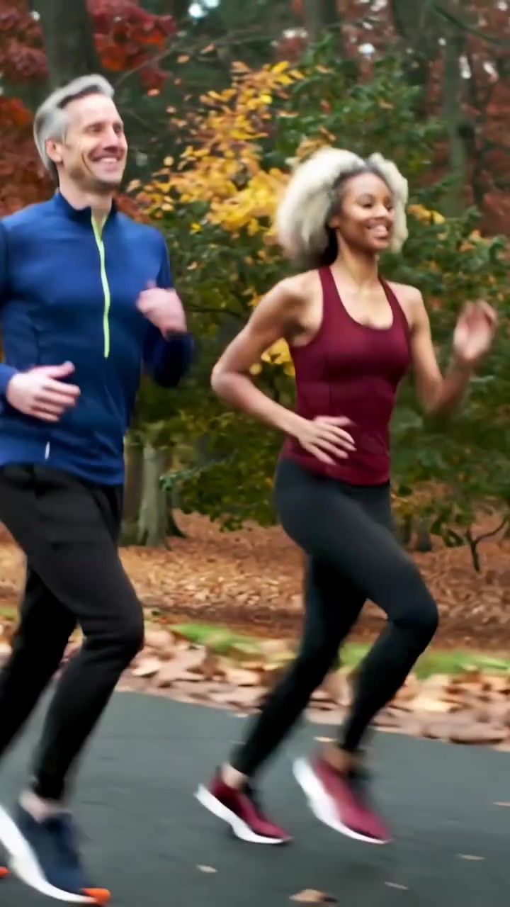 Video verticale: Coppia che fa jogging e si allena su un sentiero del parco coperto di foglie, indossando abbigliamento sportivo bordeaux e blu.