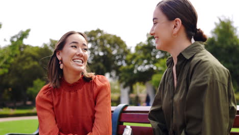 friends, women and laughing at park on bench