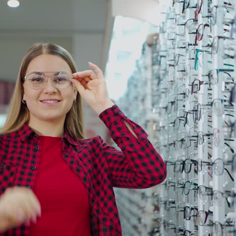 portrait of a beautiful woman in the eyewear store. young female in red shirt trying on new glasses. buyer in the optical shop.