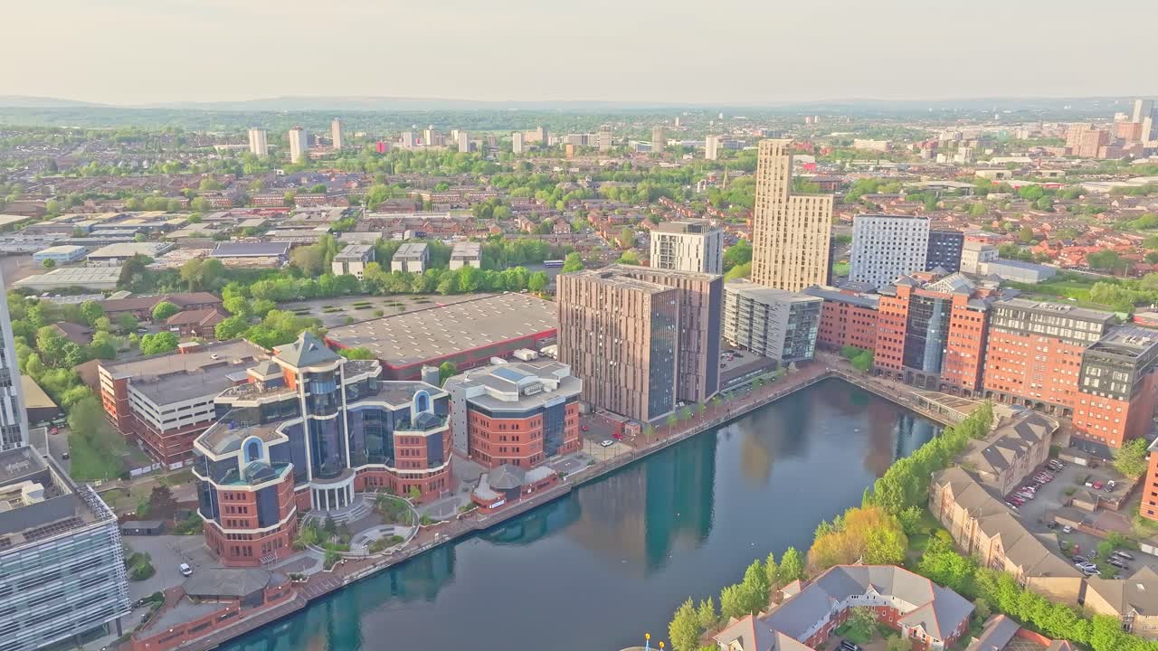 Aerial Panoramic View Of Modern Architecture Buildings Along Canal At Media City UK, Manchester England
