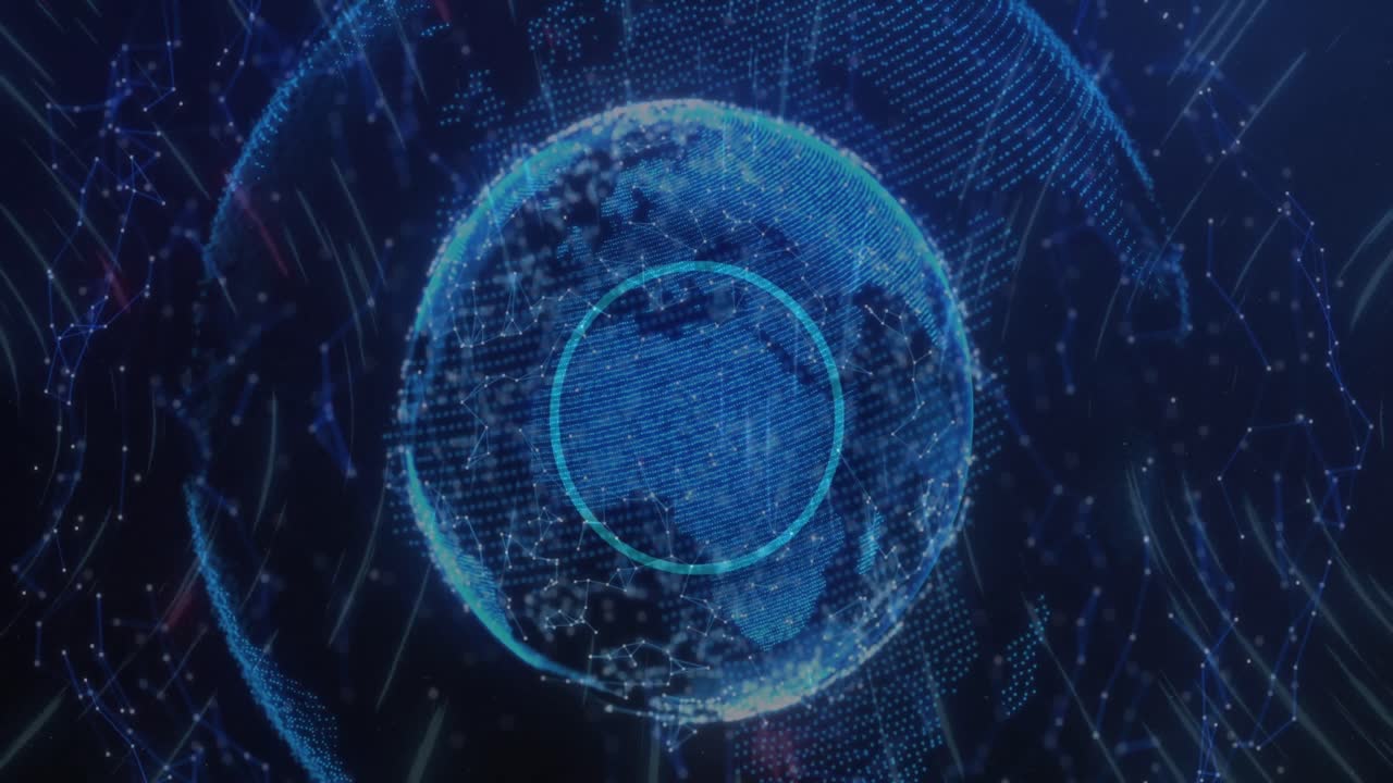 Digital animation of light trails against globe on blue background