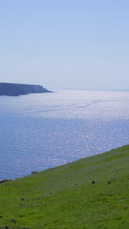 vertical video of welsh coastline in gower with sun glistening on ocean surface with bright green hillside and rocky cliffs in distance.
