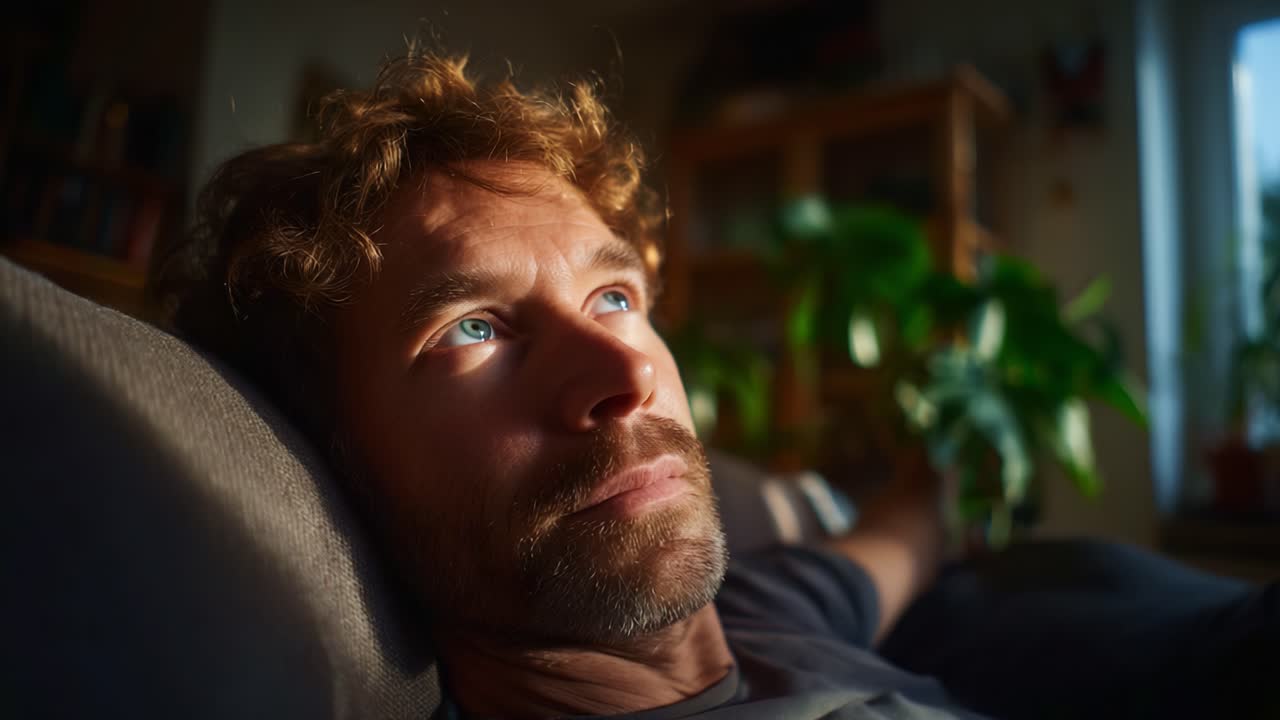 Et ettertenksomt øyeblikk fanget i varmt sollys, som viser en mann som slapper av og betrakter omgivelsene sine, med fokus på hans uttrykksfulle blå øyne og rolige utseende
