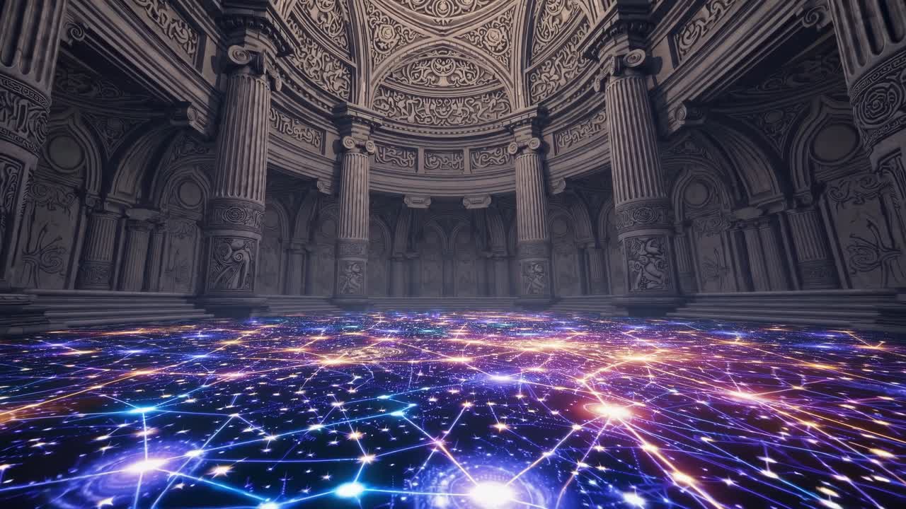 Sala maestosa con pavimento futuristico illuminato