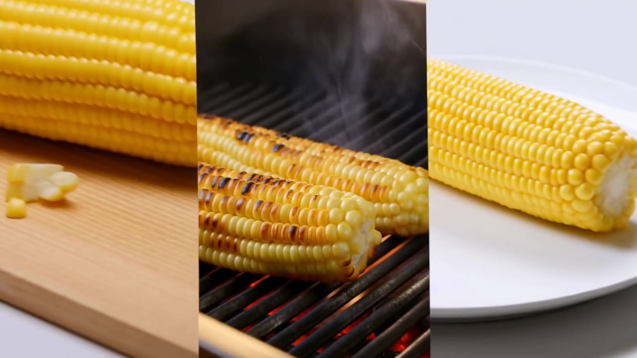Close views trace corn preparation from fresh cob and loose kernels on wooden board to charred ears over glowing grill bars with rising smoke, ending with bright yellow corn presented on white plate.